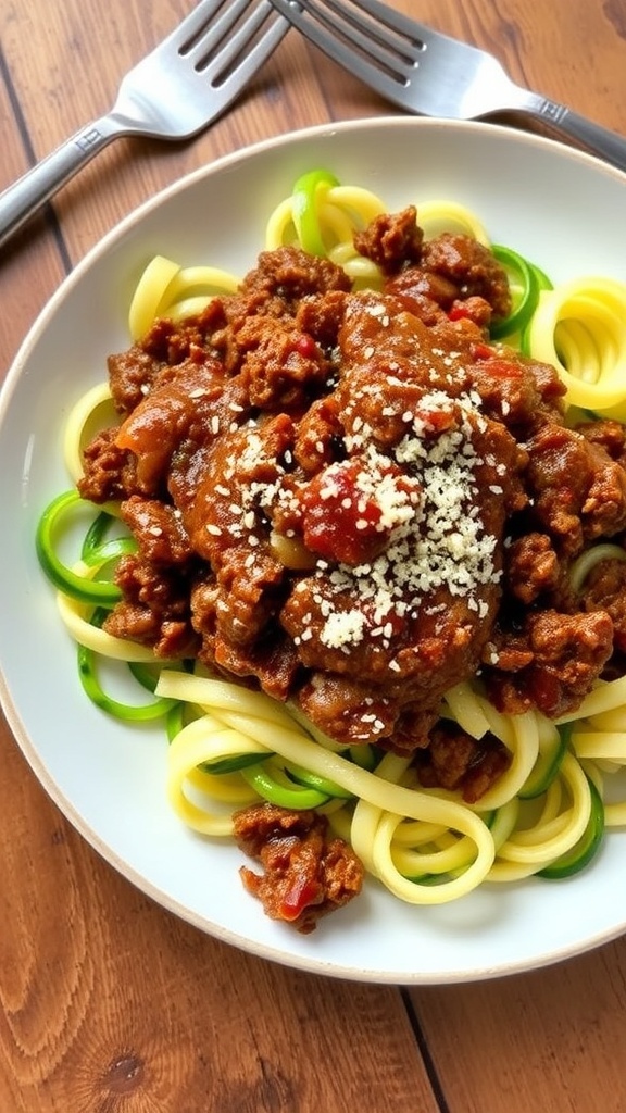 Carnivore noodles with meat sauce and Parmesan cheese on a rustic table.